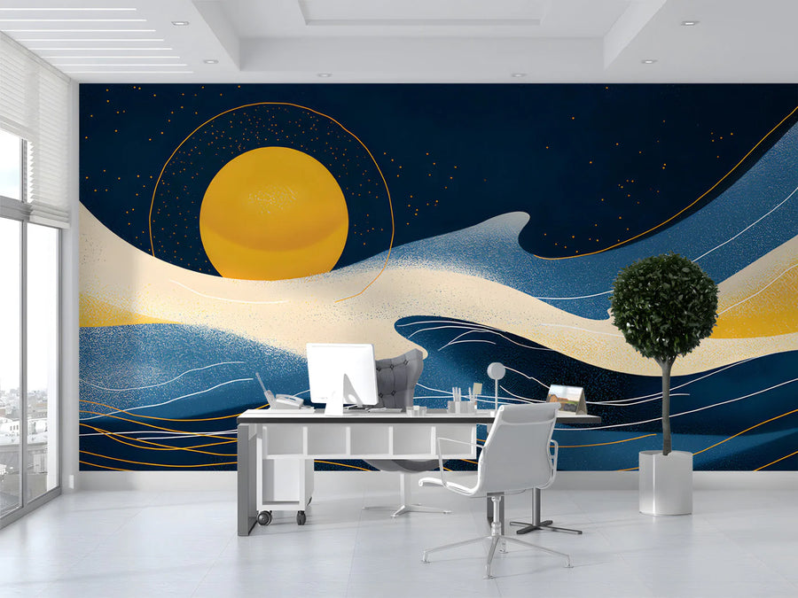 Celestial Moon Abstract Mural Wallpaper in Deep Navy and Gold Mural Wallpaper