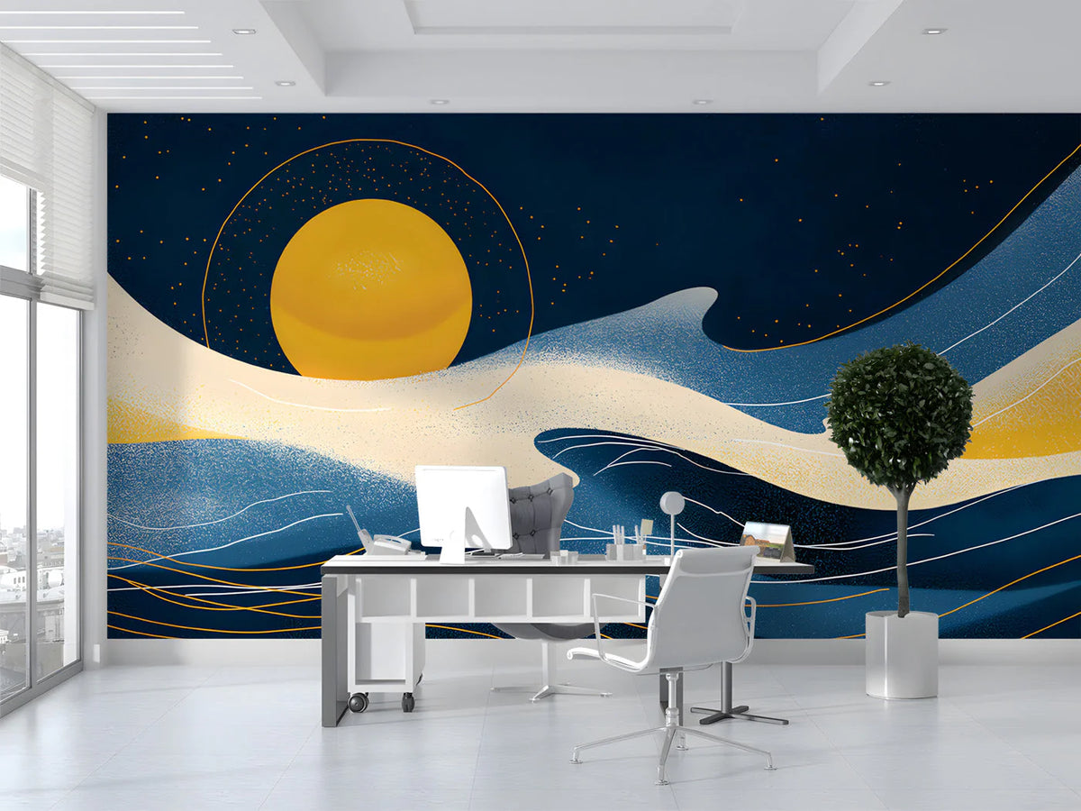 Celestial Moon Abstract Mural Wallpaper in Deep Navy and Gold Mural Wallpaper - pure wallpaper artwork
