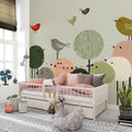 Whimsical Bird Gathering Mural Wallpaper in Soft Earth Tones Mural Wallpaper - pure wallpaper artwork