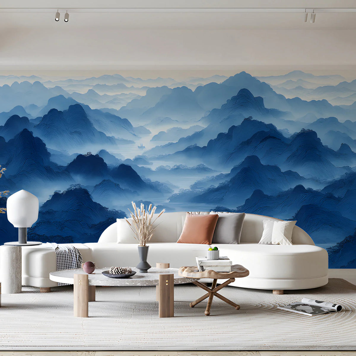 Mist-Covered Mountain Valley Mural Wallpaper in Cobalt Blue Mural Wallpaper - pure wallpaper artwork