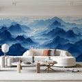 Mist-Covered Mountain Valley Mural Wallpaper in Cobalt Blue Mural Wallpaper - pure wallpaper artwork