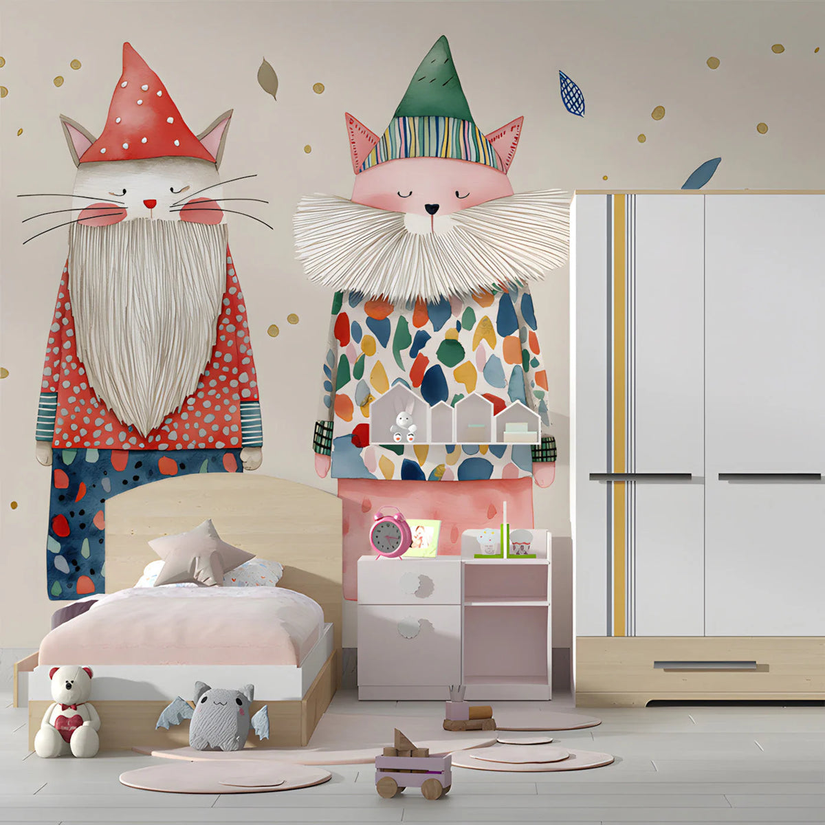 Whimsical Cat Gnomes Mural Wallpaper for Playful Spaces Mural Wallpaper - pure wallpaper artwork