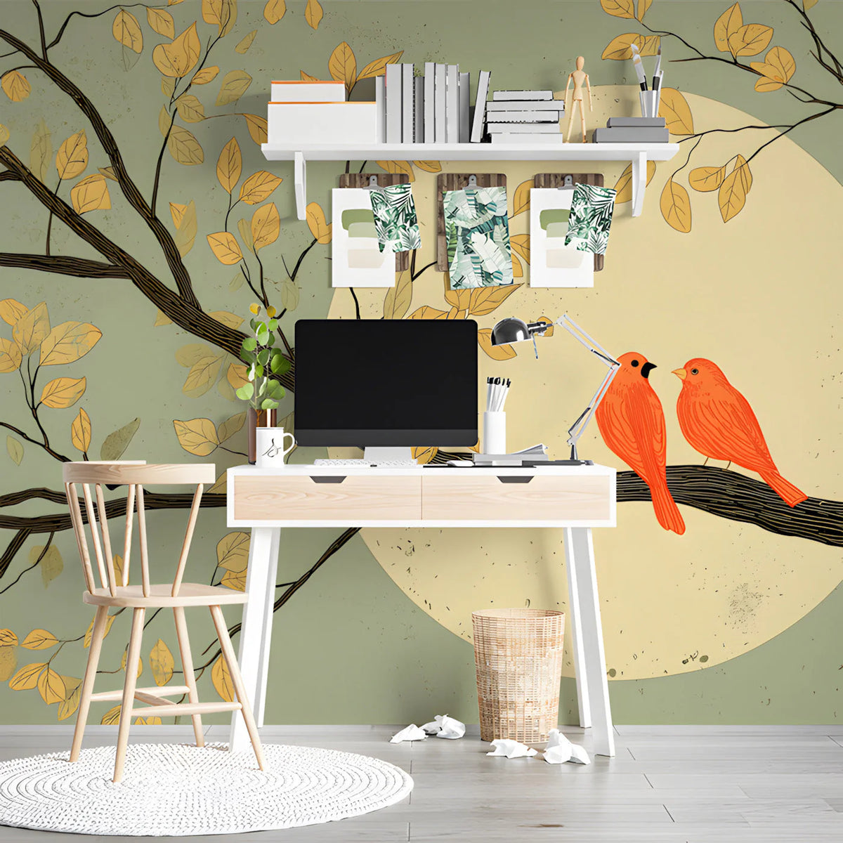 Autumnal Songbirds Mural Wallpaper with Soft Sage Background Mural Wallpaper - pure wallpaper artwork