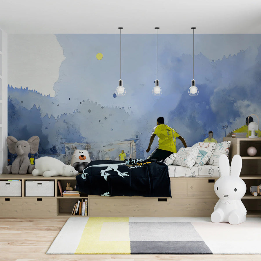 Watercolor Soccer Match Mural Wallpaper in Blue and Yellow Mural Wallpaper