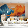 Dual Tone Mountain Lake Mural Wallpaper in Vibrant Ink Style Mural Wallpaper - pure wallpaper artwork