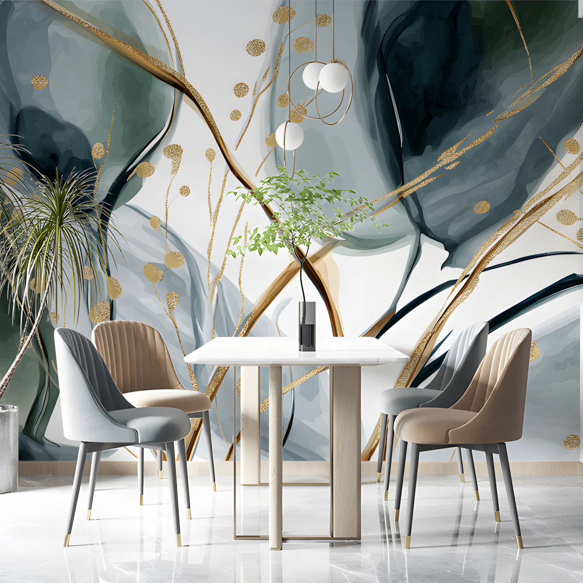 Emerald and Gold Watercolor Botanical Mural Wallpaper - pure wallpaper artwork