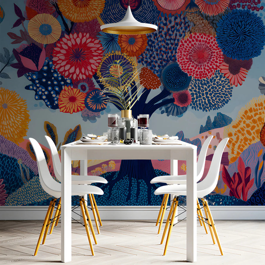 Vibrant Botanical Dreamscape Mural Wallpaper — Whimsical Floral Art Mural Wallpaper