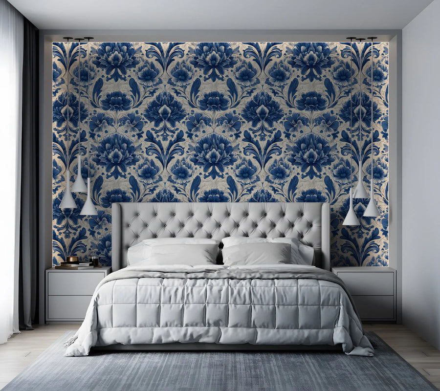 Indigo Botanical Damask Mural Wallpaper — Classic Floral Pattern Mural Wallpaper