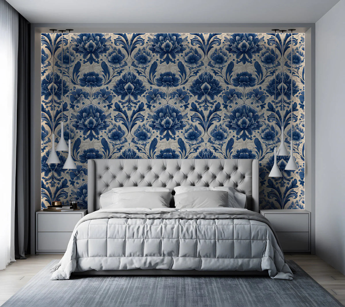 Indigo Botanical Damask Mural Wallpaper — Classic Floral Pattern Mural Wallpaper - pure wallpaper artwork
