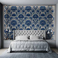 Indigo Botanical Damask Mural Wallpaper — Classic Floral Pattern Mural Wallpaper - pure wallpaper artwork