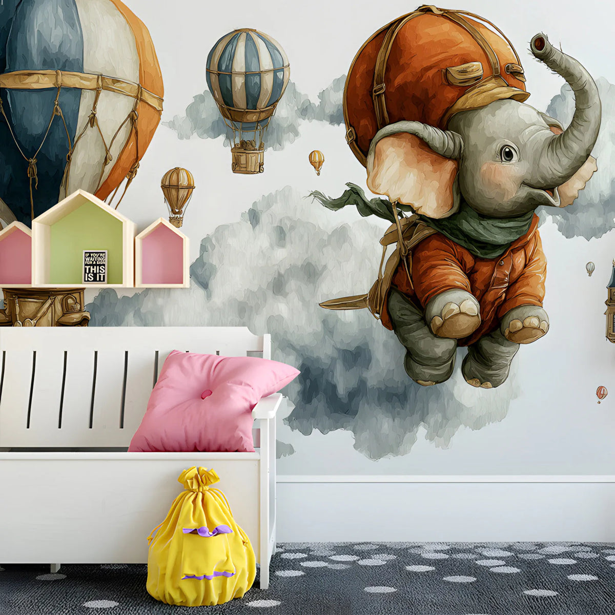 Floating Elephant Adventure Mural Wallpaper for Kids Rooms Mural Wallpaper - pure wallpaper artwork