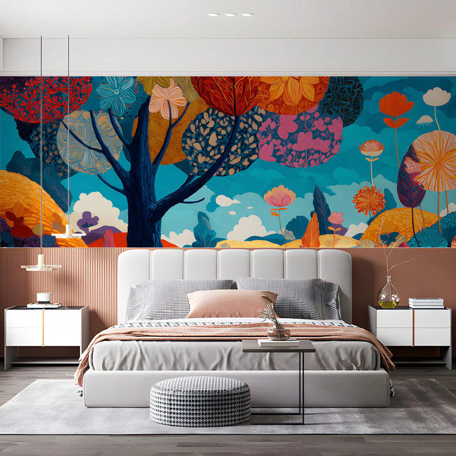 Vibrant Whimsical Garden Mural Wallpaper in Multi-Color Palette Mural Wallpaper