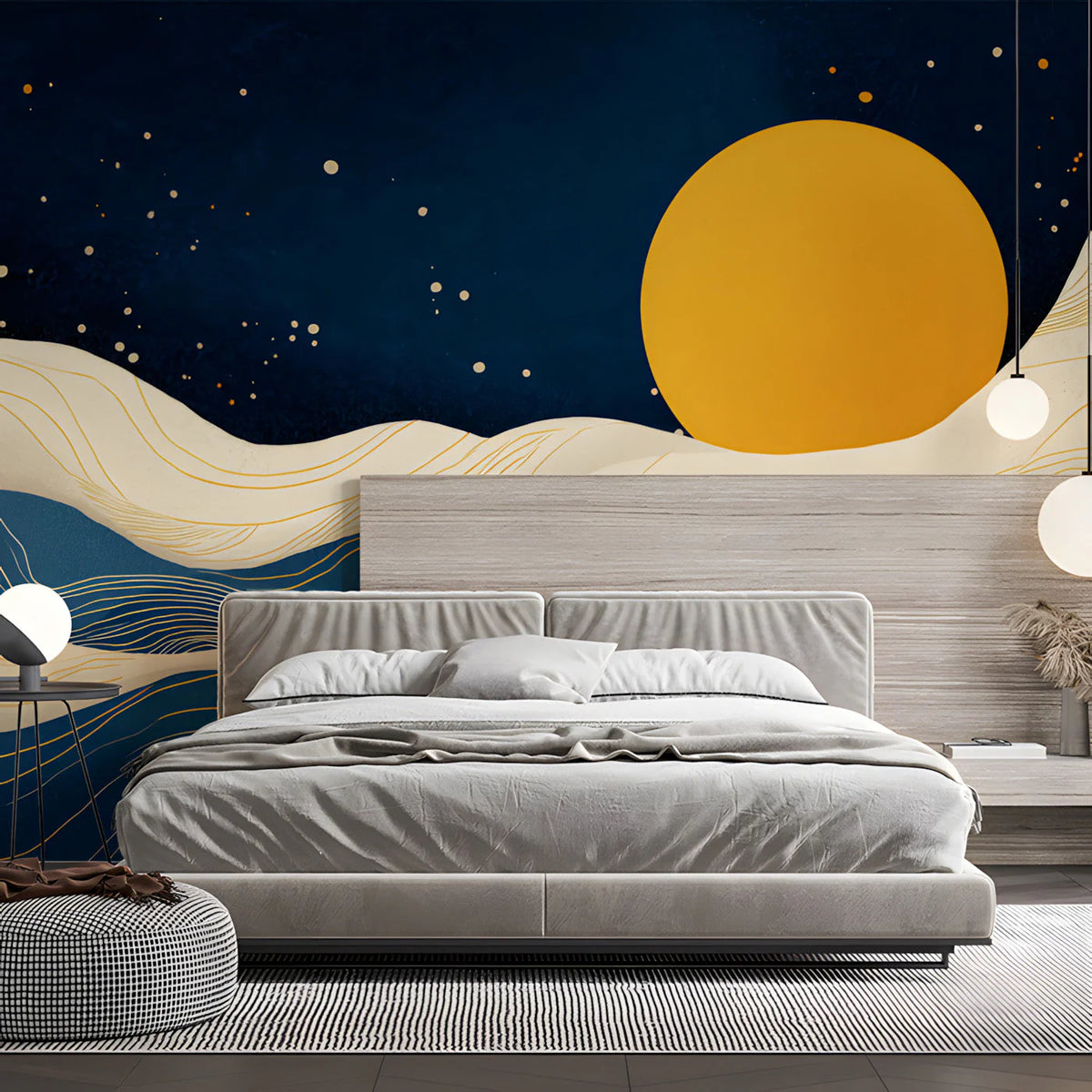 Golden Moon Celestial Wave Mural Wallpaper — Abstract Navy Blue Mural Wallpaper - pure wallpaper artwork