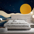 Golden Moon Celestial Wave Mural Wallpaper — Abstract Navy Blue Mural Wallpaper - pure wallpaper artwork