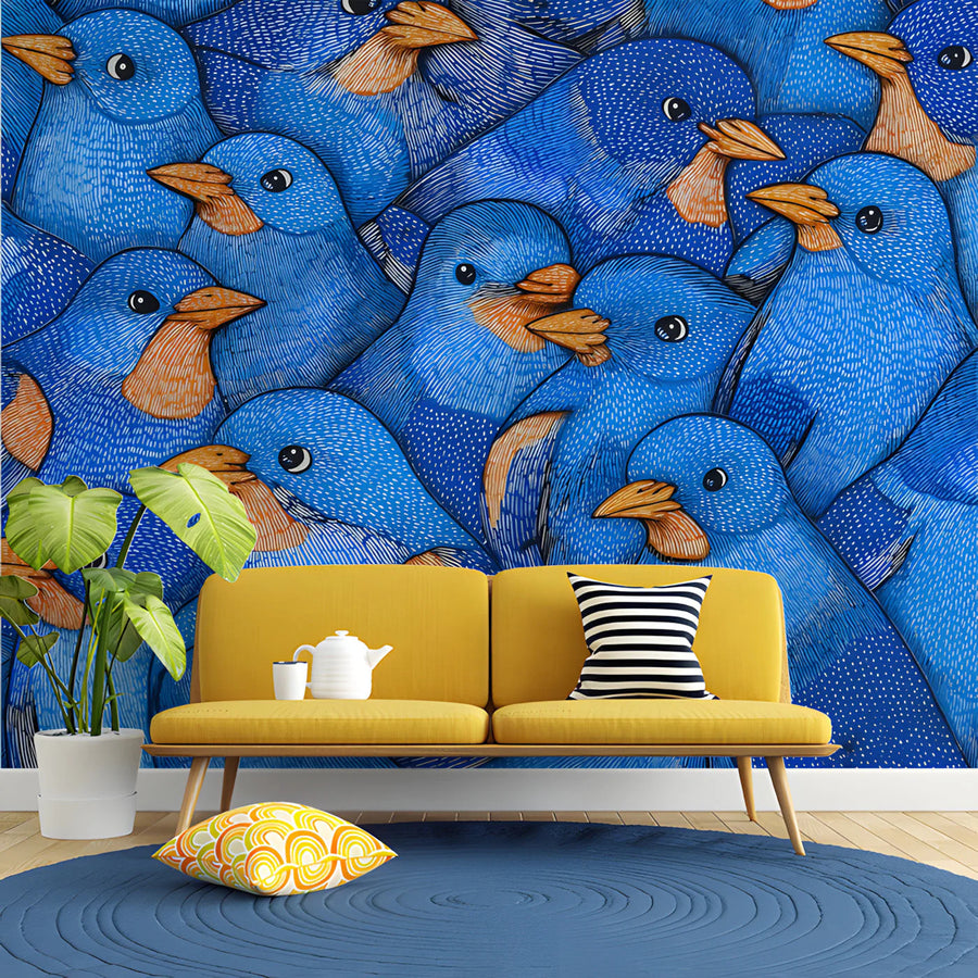 Bluebird Flock Mural Wallpaper —Hand-Drawn Whimsical Pattern Mural Wallpaper