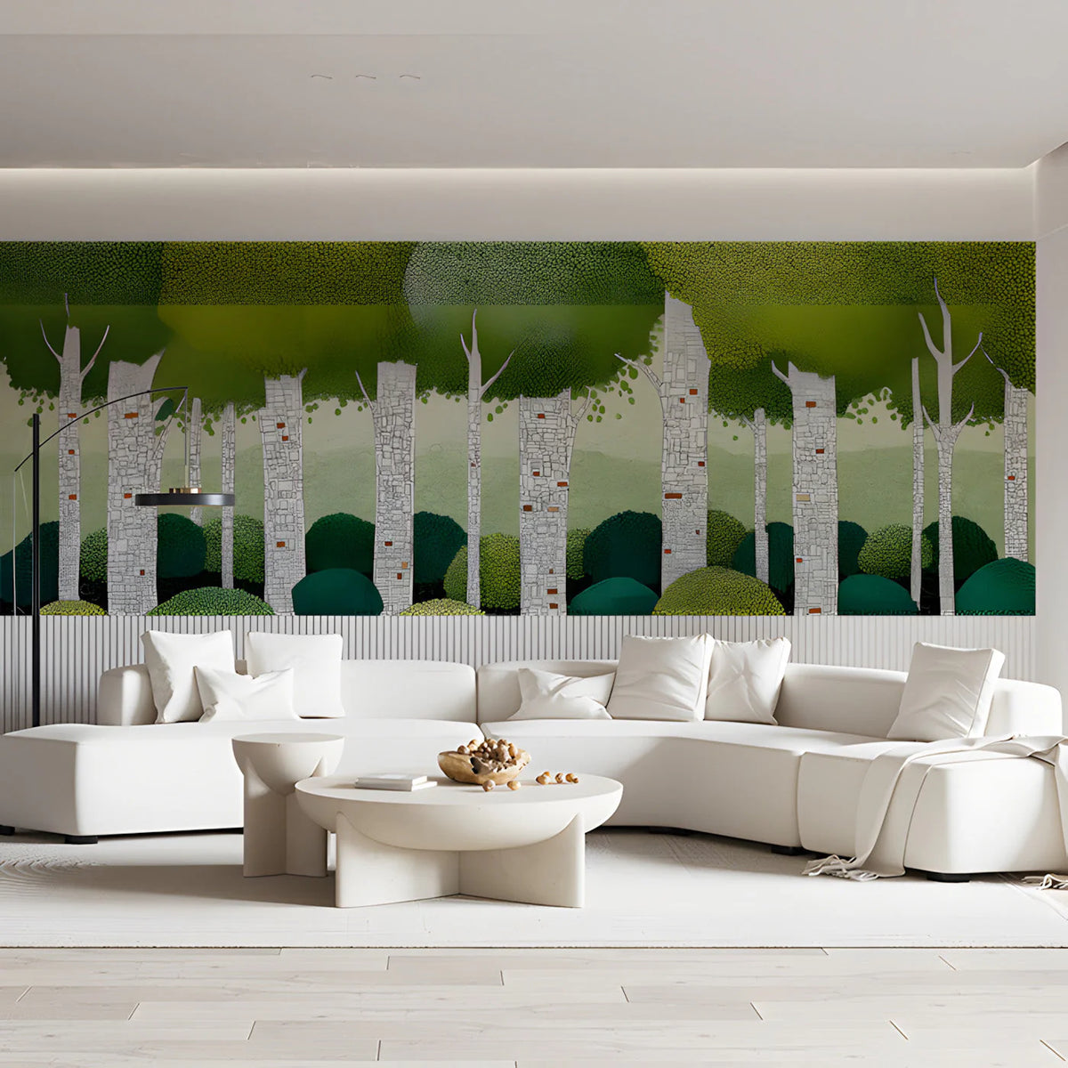 Pointillist Birch Forest Mural Wallpaper in Verdant Green Mural Wallpaper - pure wallpaper artwork
