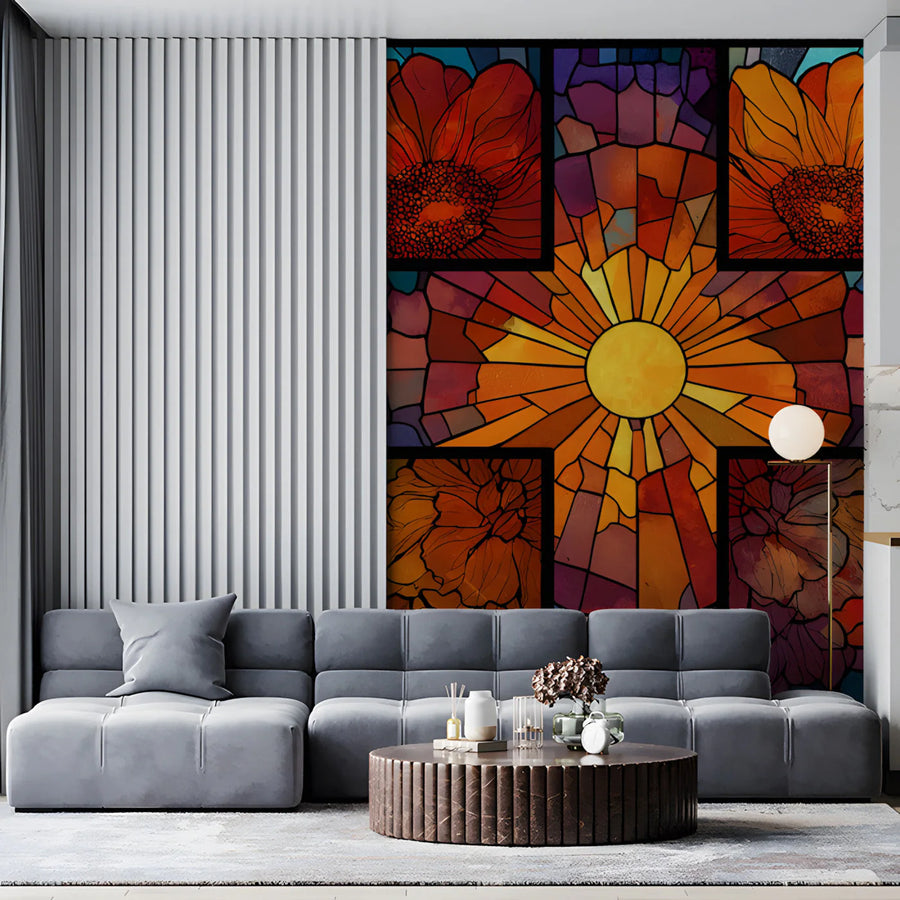 Radiant Floral Cross Stained Glass Mural Wallpaper
