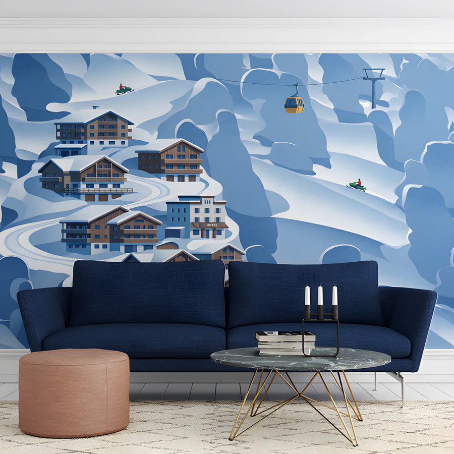 Alpine Ski Village Mural Wallpaper — Whimsical Mountain Scene Mural Wallpaper