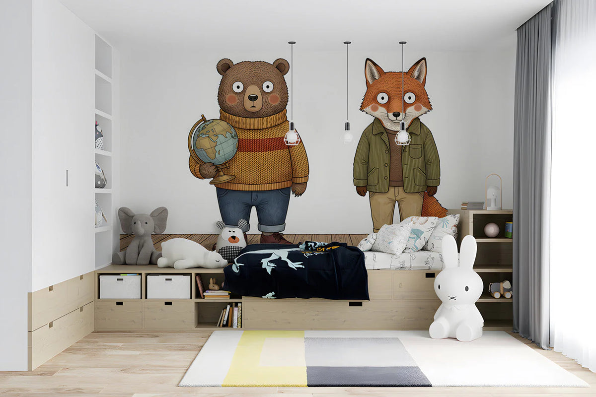 Illustrated Bear and Fox Friends Mural Wallpaper - pure wallpaper artwork