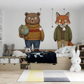 Illustrated Bear and Fox Friends Mural Wallpaper - pure wallpaper artwork