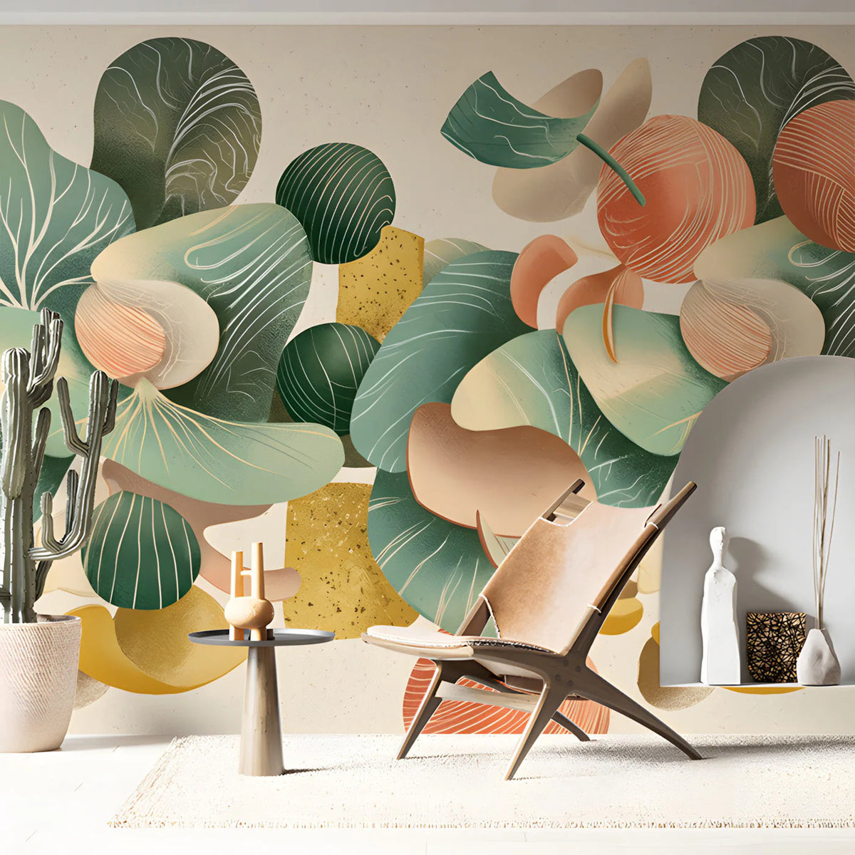 Abstract Organic Foliage Mural Wallpaper in Soft Sage and Salmon Mural Wallpaper - pure wallpaper artwork