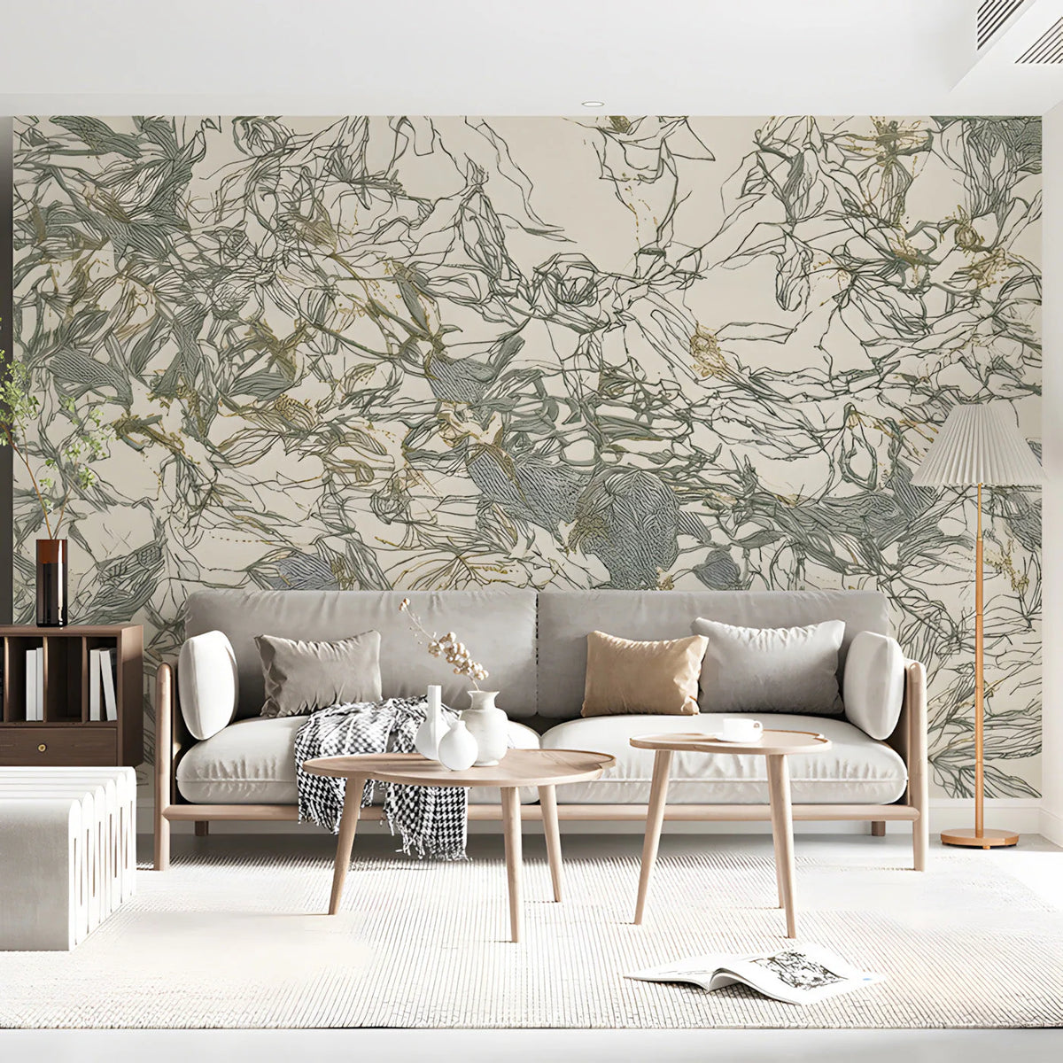 Abstract Foliage Line Art Mural Wallpaper with Gold Accents Mural Wallpaper - pure wallpaper artwork