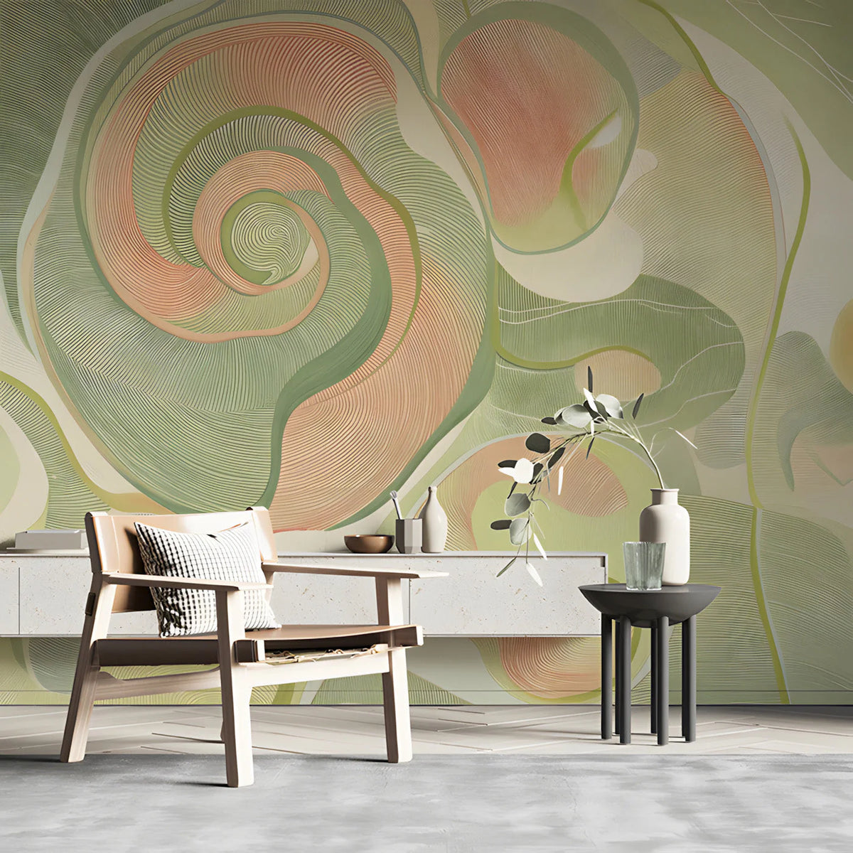Abstract Swirl Mural Wallpaper — Soft Sage and Peach Linear Art Mural Wallpaper - pure wallpaper artwork