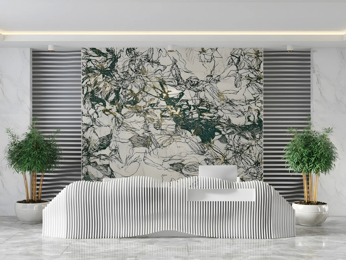 Abstract Ink Botanical Mural Wallpaper in Forest Green and Gold Mural Wallpaper - pure wallpaper artwork