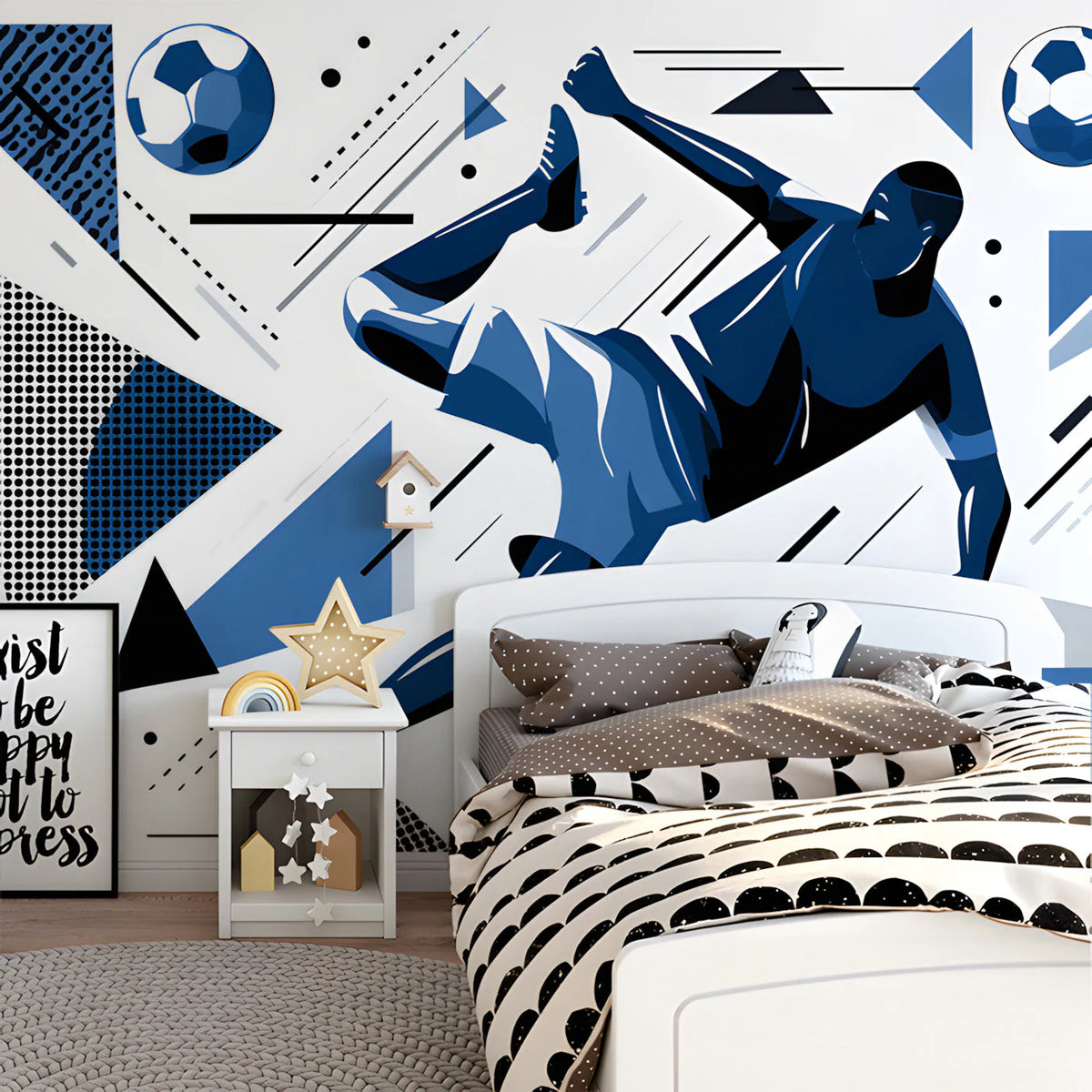 Dynamic Soccer Player Mural Wallpaper in Blue and White Mural Wallpaper - pure wallpaper artwork