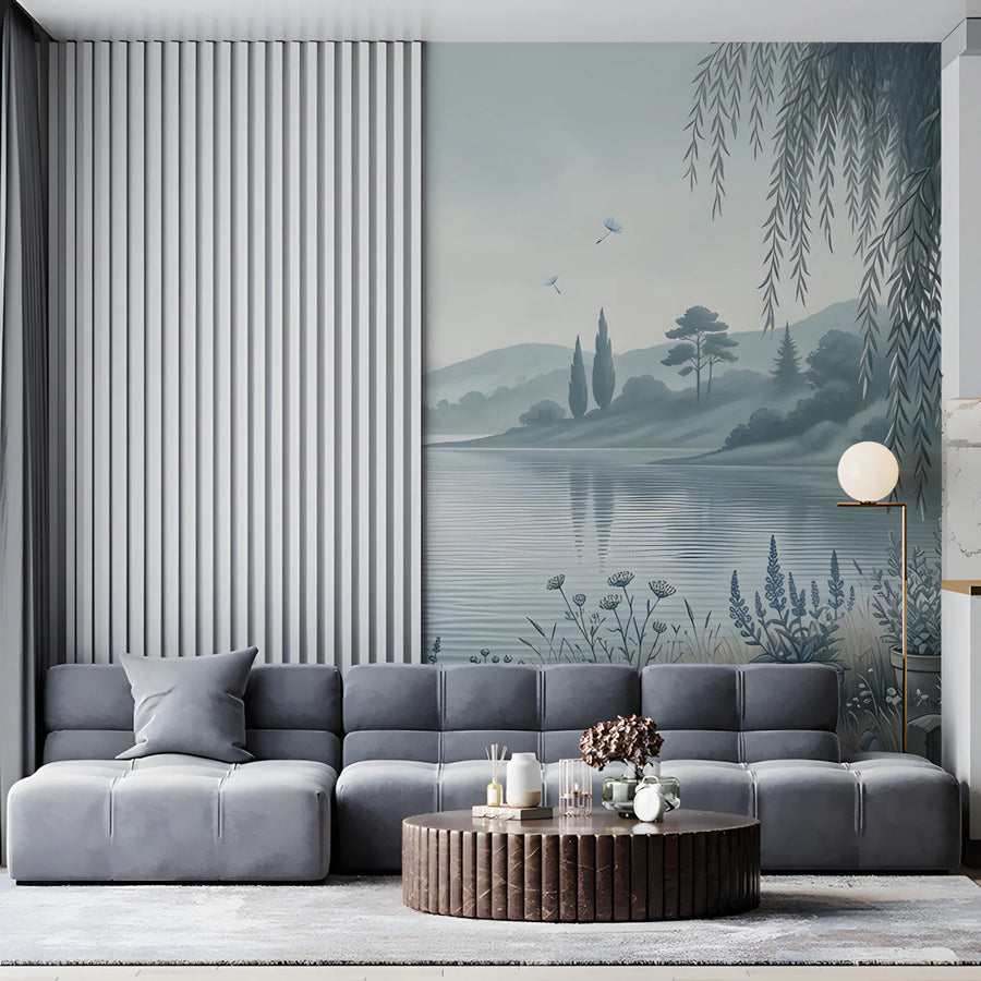 Willow Lake Landscape Mural Wallpaper — Soft Blue Sketch Mural Wallpaper