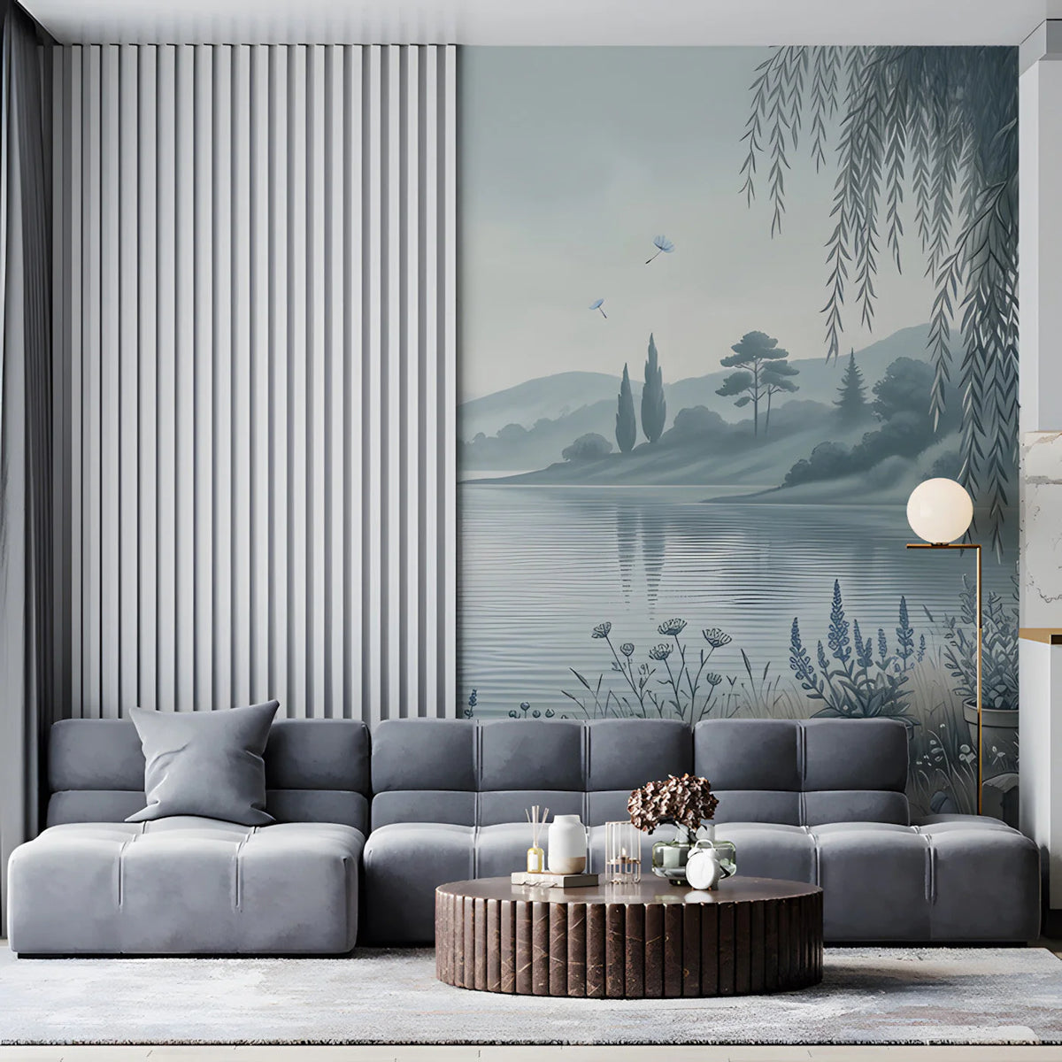 Willow Lake Landscape Mural Wallpaper — Soft Blue Sketch Mural Wallpaper - pure wallpaper artwork