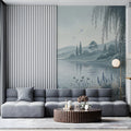 Willow Lake Landscape Mural Wallpaper — Soft Blue Sketch Mural Wallpaper - pure wallpaper artwork