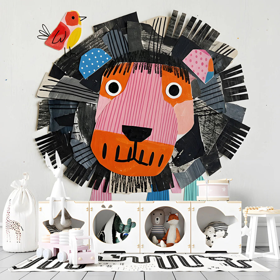 Abstract Lion Collage Mural Wallpaper — Playful Nursery Decor Mural Wallpaper