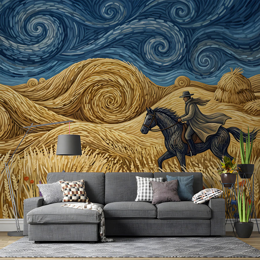 Van Gogh Style Wheat Field Mural Wallpaper with Galloping Horse Mural Wallpaper