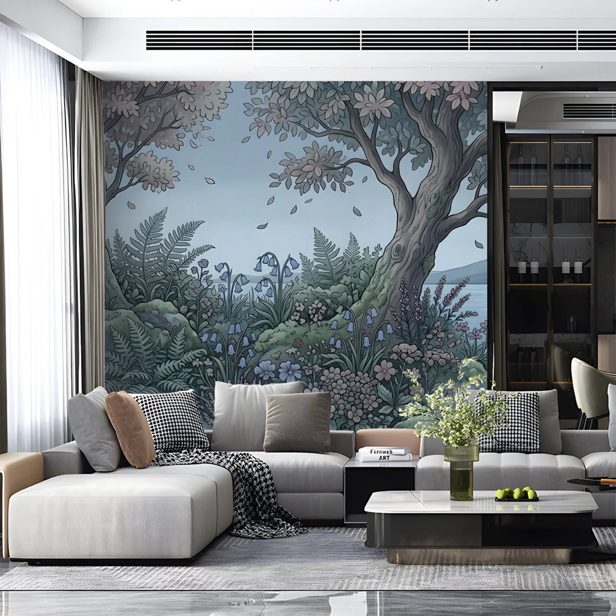 Enchanted Lakeside Mural Wallpaper with Hand-Drawn Floral Motif Mural Wallpaper - pure wallpaper artwork