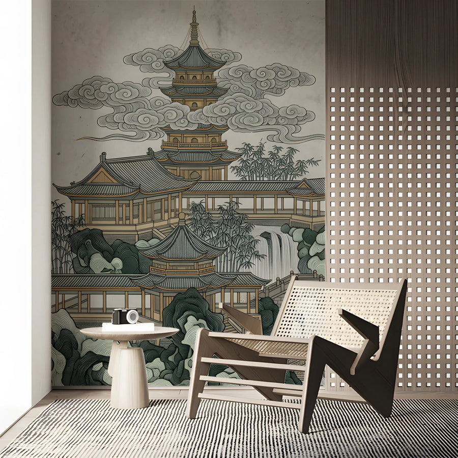 Oriental Pagoda Mountain Landscape Mural Wallpaper