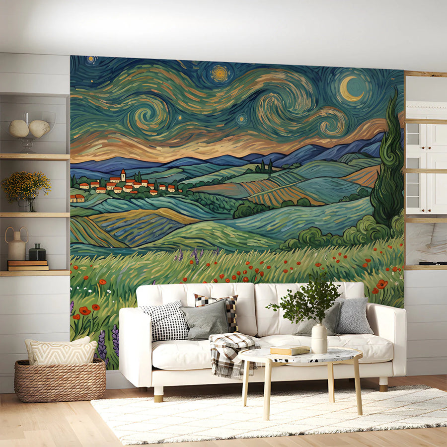 Van Gogh Inspired Countryside Mural Wallpaper — Impressionist Landscape Mural Wallpaper