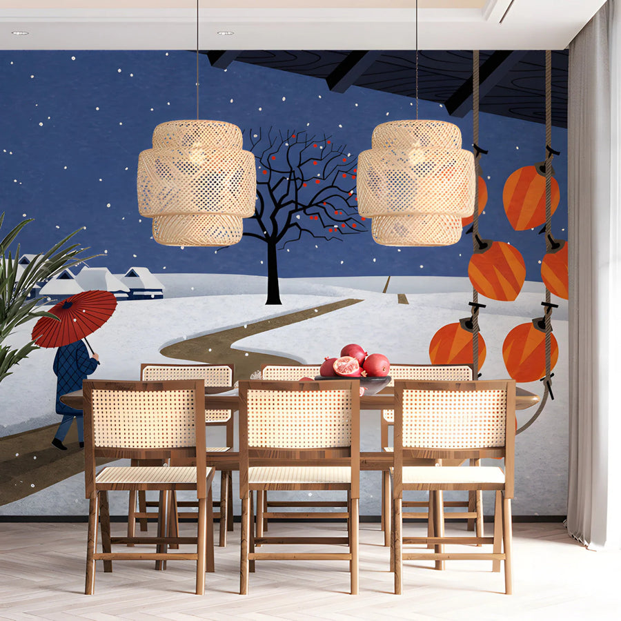 Japanese Winter Village Mural Wallpaper — Illustrative Scenic Mural Wallpaper