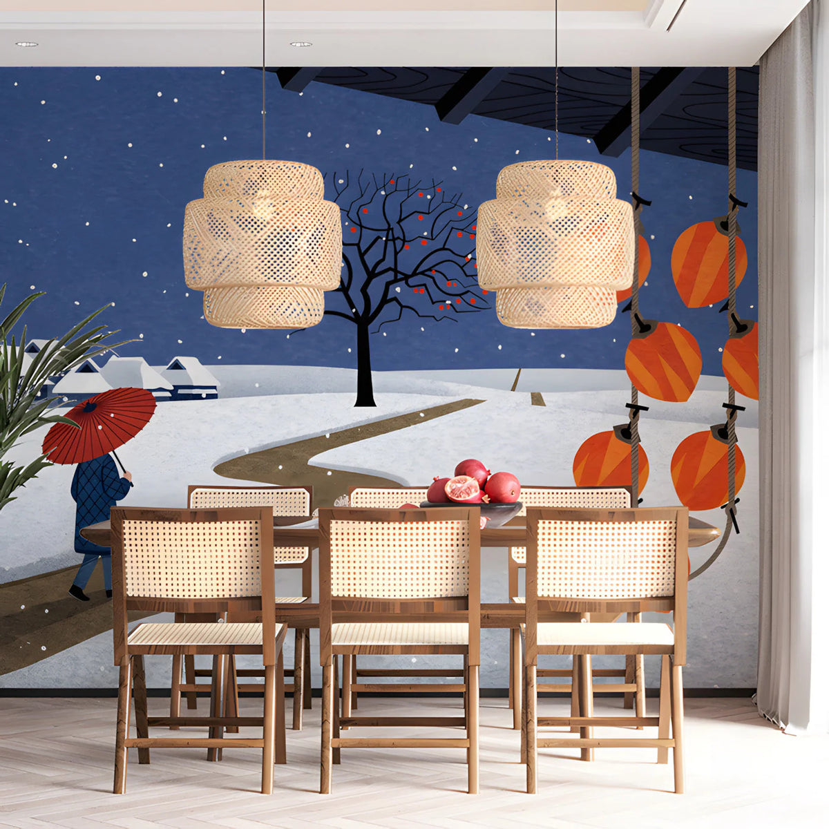 Japanese Winter Village Mural Wallpaper — Illustrative Scenic Mural Wallpaper - pure wallpaper artwork