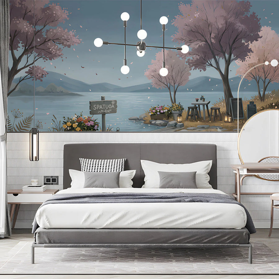 Riverside Blossom Mural Wallpaper — Soft Impressionistic Landscape Mural Wallpaper