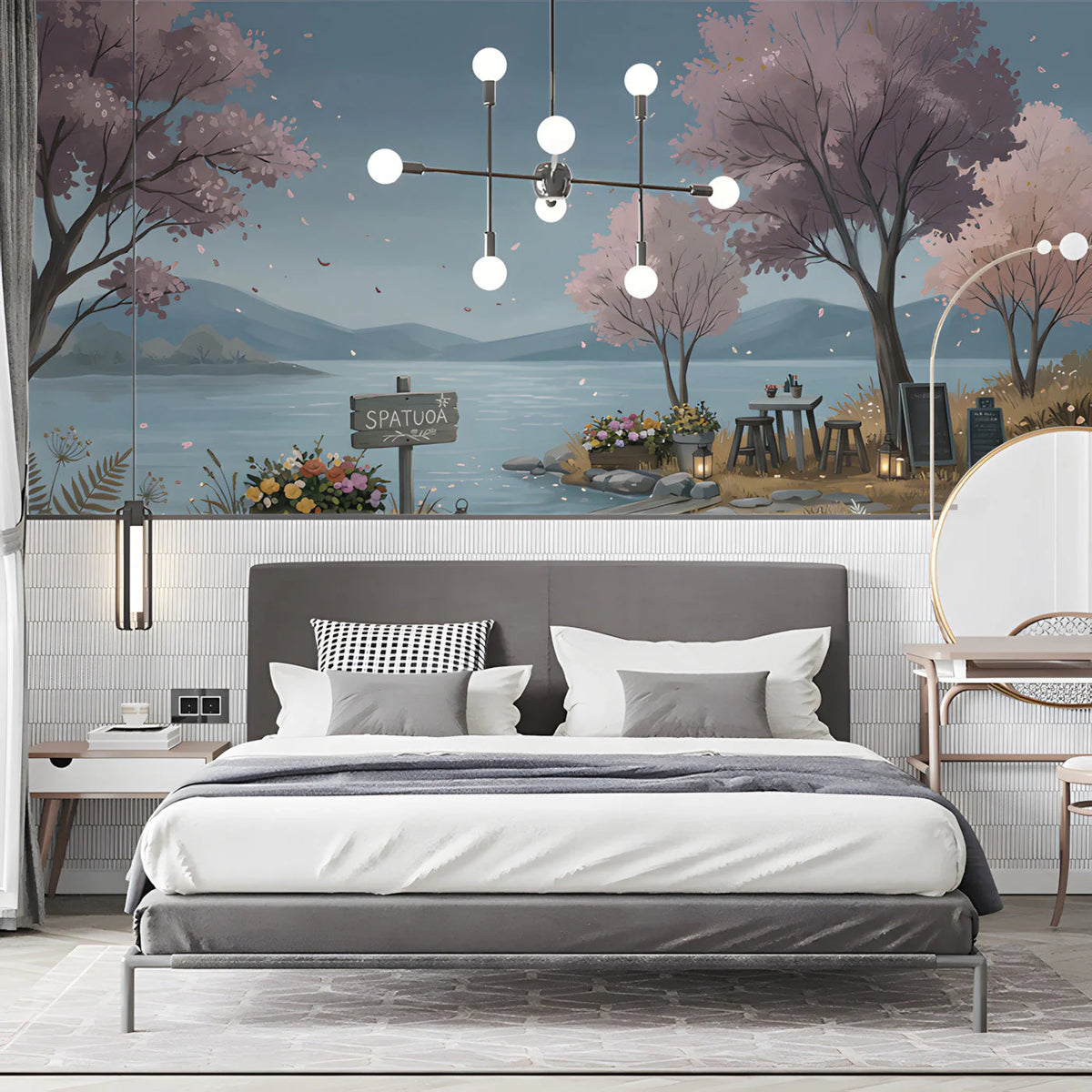 Riverside Blossom Mural Wallpaper — Soft Impressionistic Landscape Mural Wallpaper - pure wallpaper artwork
