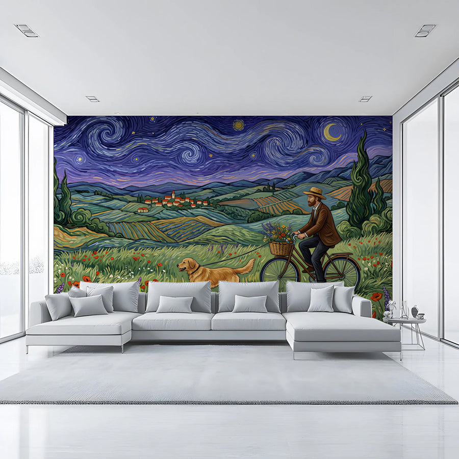 Van Gogh Inspired Countryside Mural Wallpaper with Cyclist Mural Wallpaper