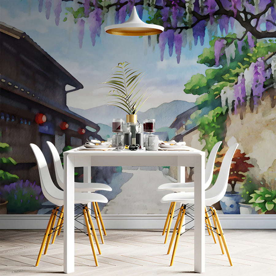 Japanese Wisteria Village Mural Wallpaper — Impressionistic Scenery Mural Wallpaper