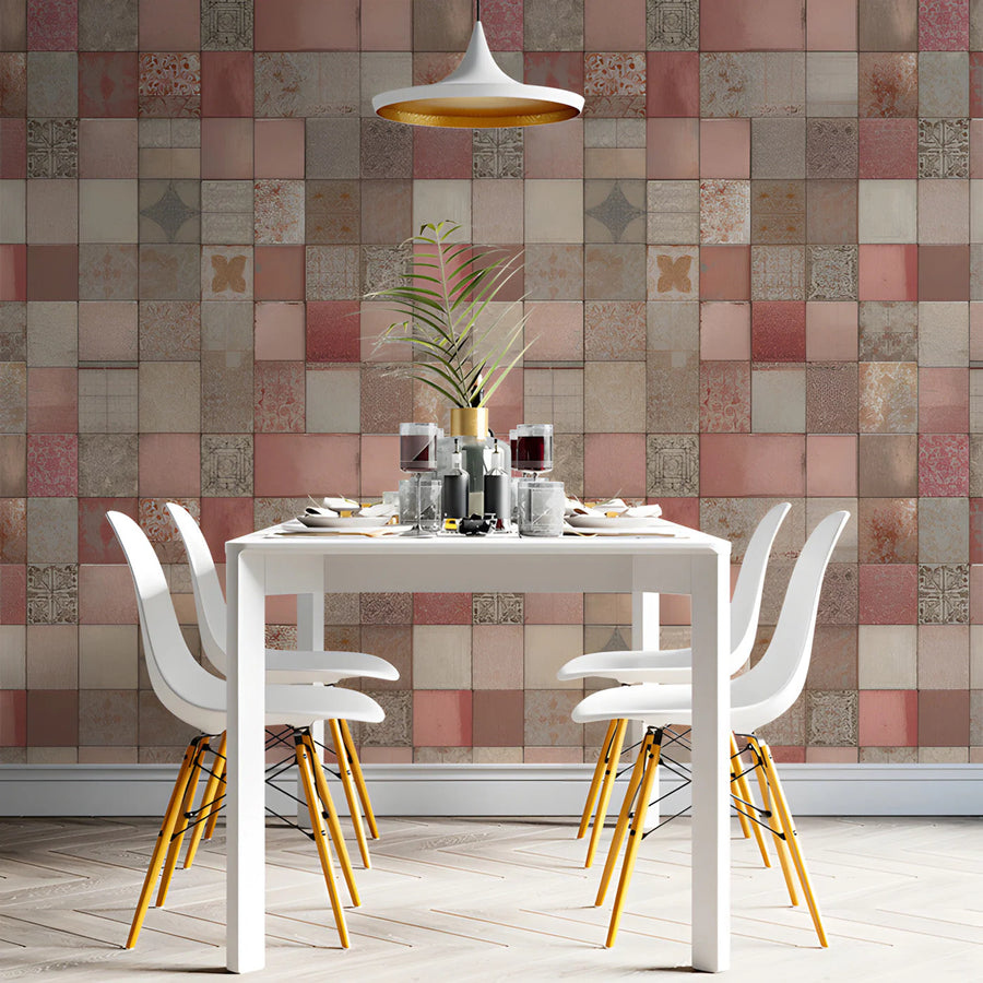 Vintage Tiled Mosaic Mural Wallpaper in Soft Blush and Terracotta Mural Wallpaper
