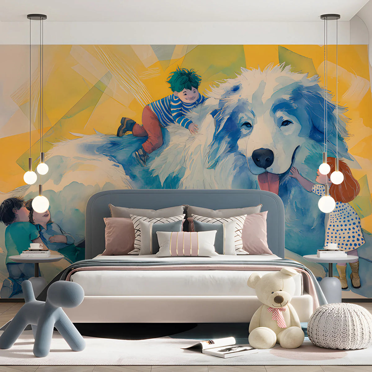 Giant Dog Playtime Mural Wallpaper — Artistic Childhood Illustration Mural Wallpaper - pure wallpaper artwork