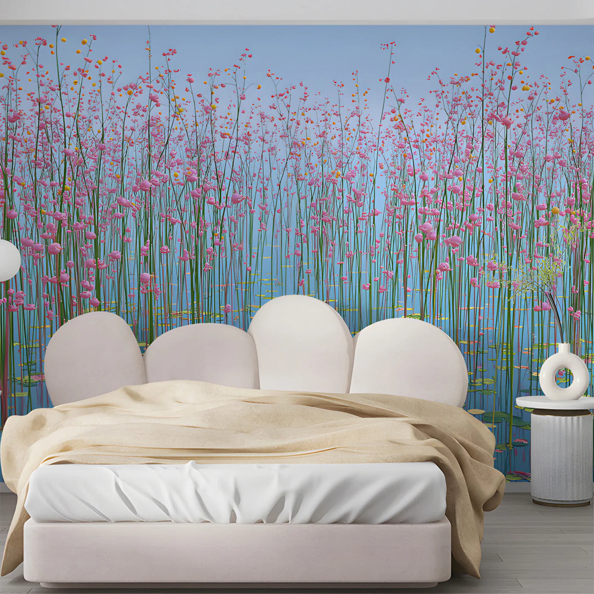 Floating Pink Meadow Mural Wallpaper — Whimsical Floral Art Mural Wallpaper - pure wallpaper artwork