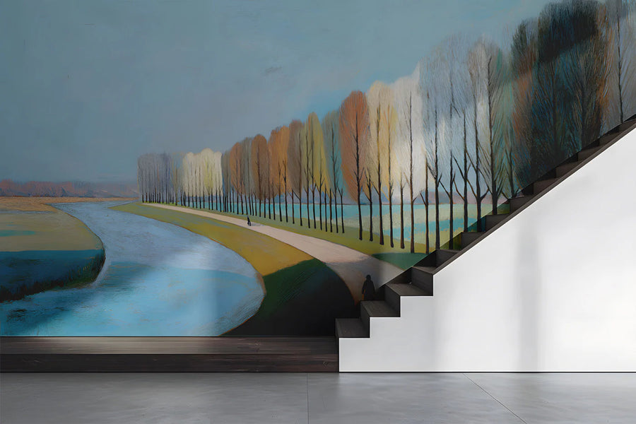 Riverside Cyclist Mural Wallpaper — Impressionistic Landscape Mural Wallpaper