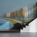 Riverside Cyclist Mural Wallpaper — Impressionistic Landscape Mural Wallpaper - pure wallpaper artwork