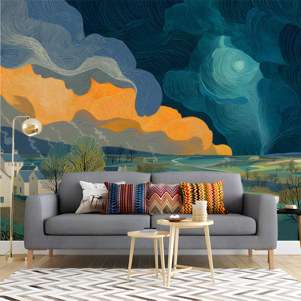 Stormy Rural Landscape Mural Wallpaper with Cinematic Golden Clouds Mural Wallpaper - pure wallpaper artwork