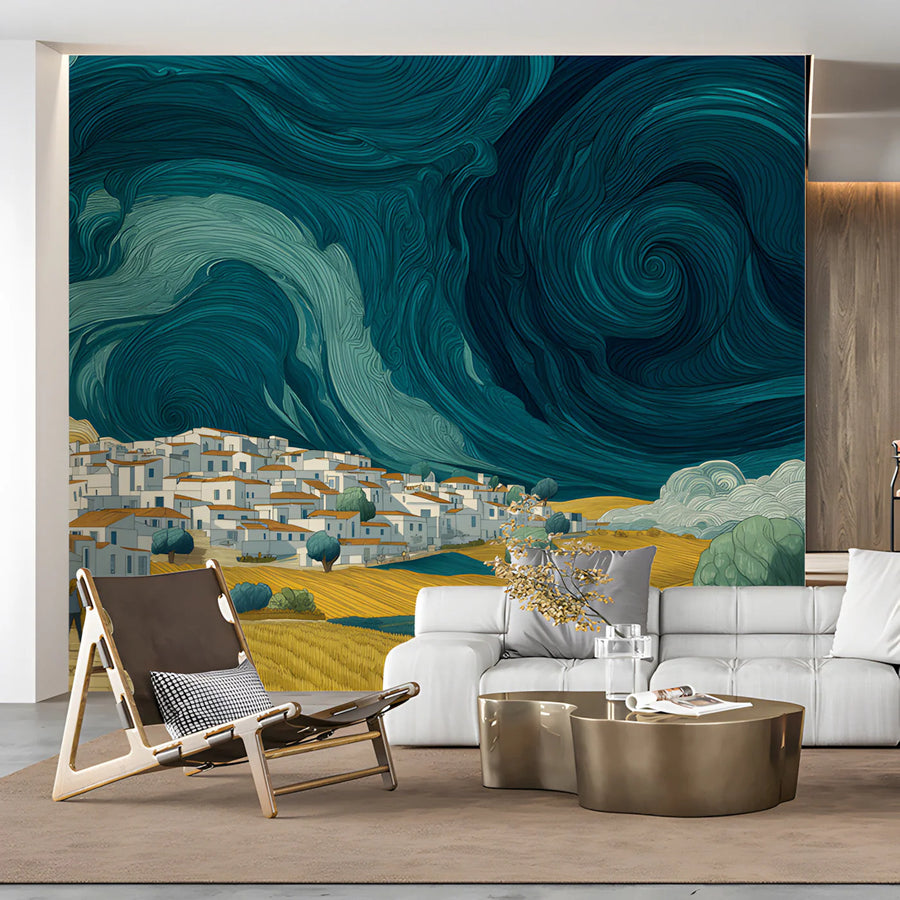 Mediterranean Swirl Mural Wallpaper — Impressionistic Coastal Scene Mural Wallpaper